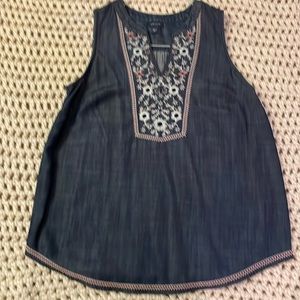 J. Jill Sleeveless denim tunic with embroidery at neck and lower hem.